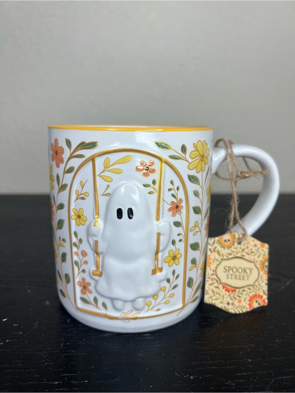 NEW Spooky Street 3D Ghost on Swing Floral Halloween Mug